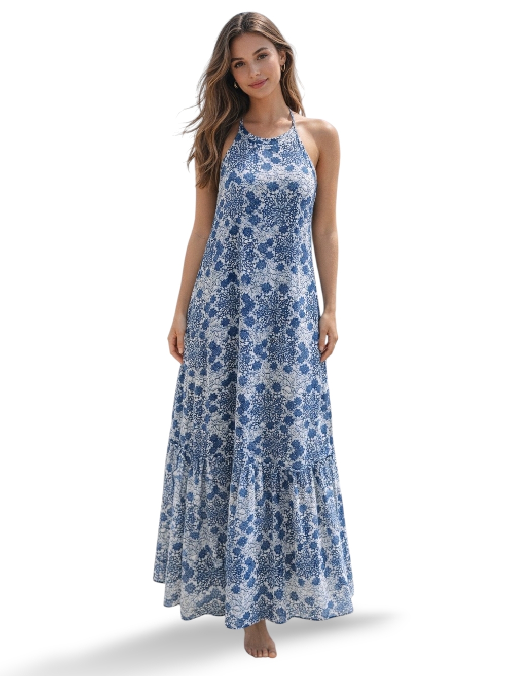 Vineyard Vines Hydrangea Floral Halter Maxi Dress Blue 10